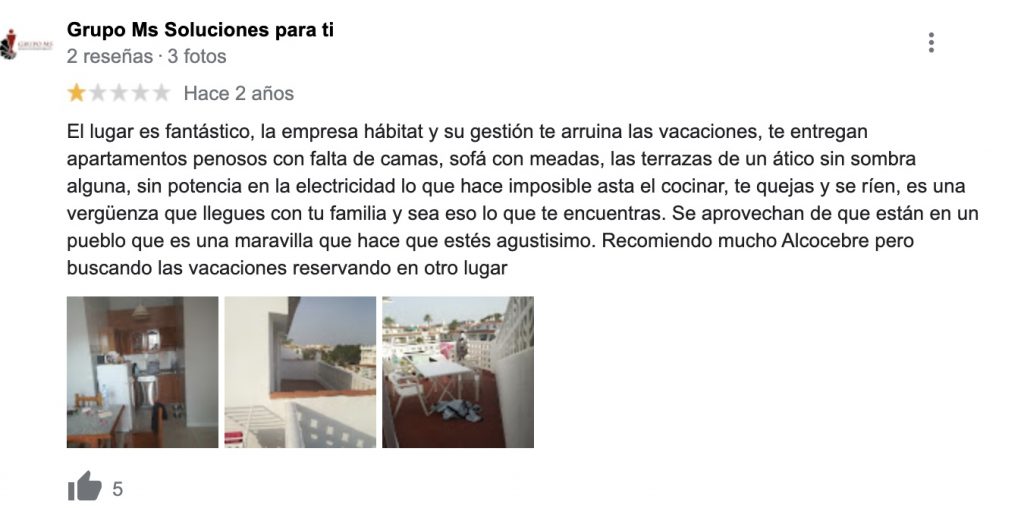 El lugar es fantástico, la empresa hábitat y su gestión te arruina las vacaciones, te entregan apartamentos penosos con falta de camas, sofá con meadas, las terrazas de un ático sin sombra alguna, sin potencia en la electricidad lo que hace imposible asta el cocinar, te quejas y se ríen, es una vergüenza que llegues con tu familia y sea eso lo que te encuentras. Se aprovechan de que están en un pueblo que es una maravilla que hace que estés agustisimo. Recomiendo mucho Alcocebre pero buscando las vacaciones reservando en otro lugar
